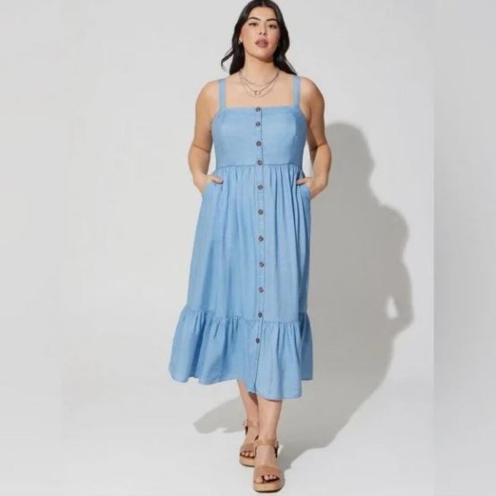 Tea Length Chambray Button Front Dress